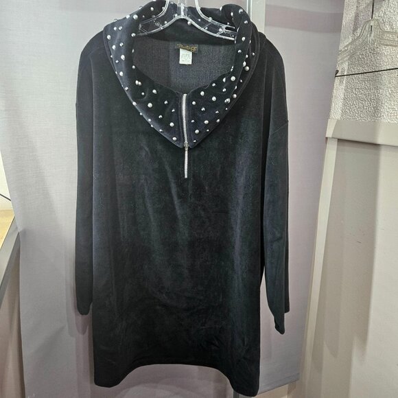 Barton G. Tunic Top Mini Dress Black Velour 2X Metal Studded Collar Half-Zip USA - Picture 2 of 9